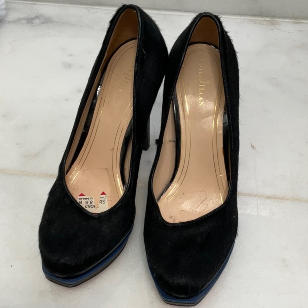 Cole Haan Nike Air Cow hair Black High Heel Pumps with Blue Trim 8 1/2 new